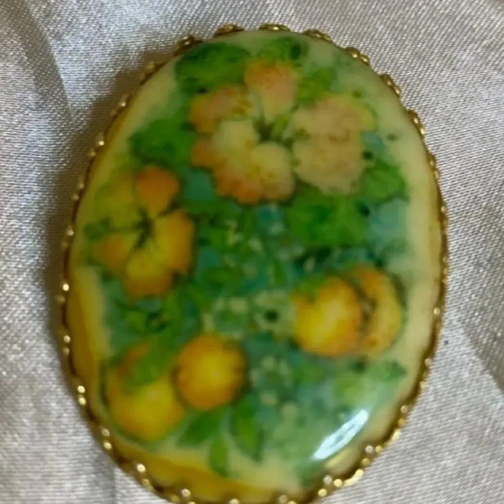 Vintage Lucite West Germany Floral  hand painted reverse painted  brooch